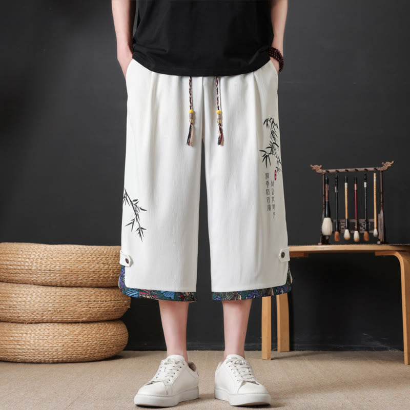 Buddha Stones Summer Tang Style Casual Drawstring Bamboo Print Half Pants Men's Straight Leg Pants With Pocket - image 15
