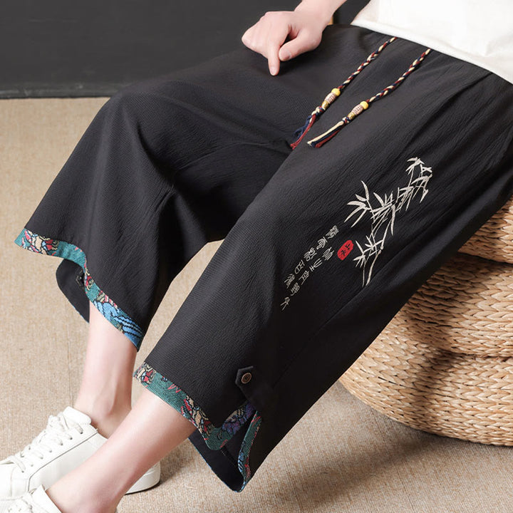 Buddha Stones Summer Tang Style Casual Drawstring Bamboo Print Half Pants Men's Straight Leg Pants With Pocket - image 4