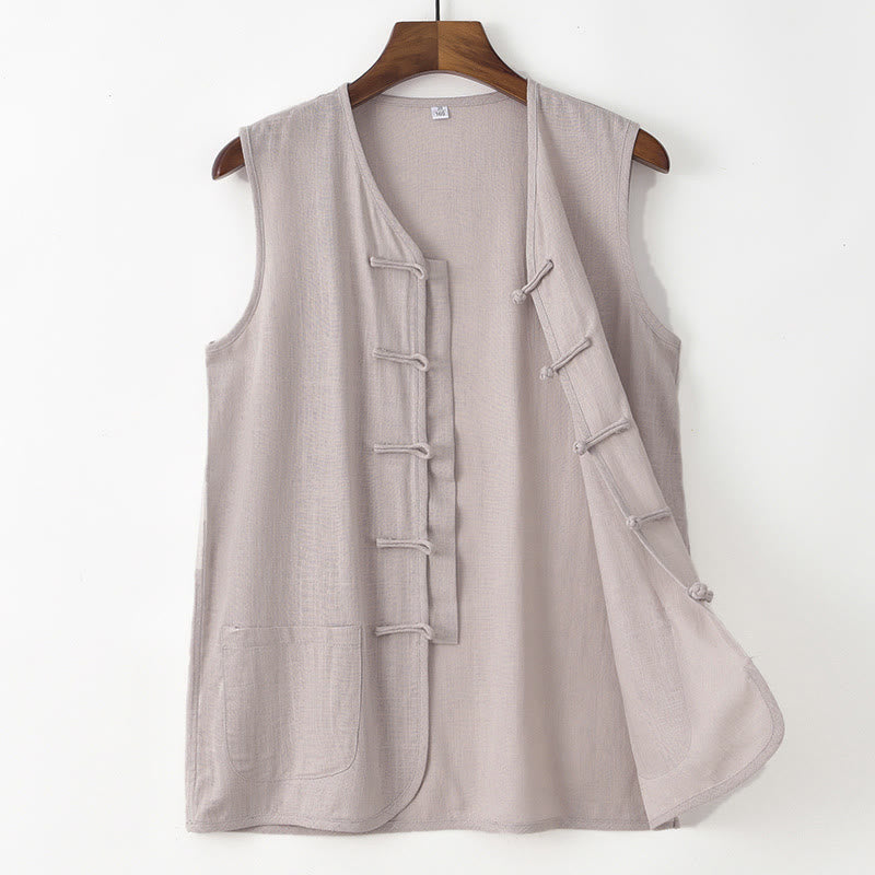 Buddha Stones Summer Tang Style Casual Frog Button Solid Tank Top Men's Sleeveless Shirts With Pocket - LightGrey - US/UK/AU48, EU58 (4XL) - image 1