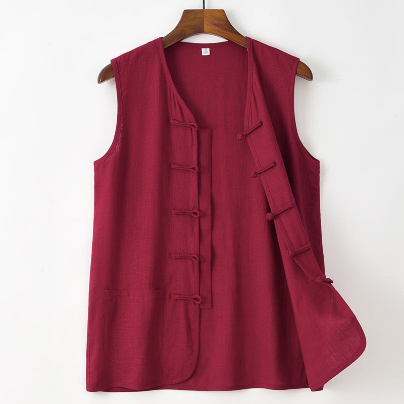 Buddha Stones Summer Tang Style Casual Frog Button Solid Tank Top Men's Sleeveless Shirts With Pocket - Firebrick - US/UK/AU48, EU58 (4XL) - image 5