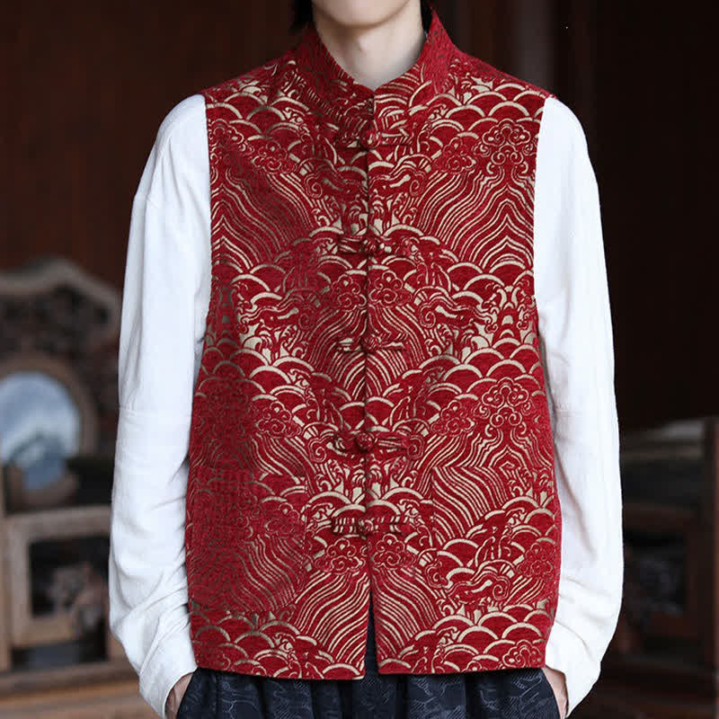 Buddha Stones Fall Tang Style Vintage Mandarin Collar Frog Button Abstract Jacquard Men's Sleeveless Shirts - image 17