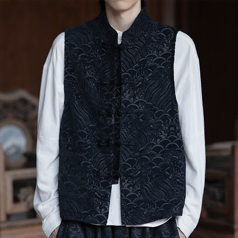 Buddha Stones Fall Tang Style Vintage Mandarin Collar Frog Button Abstract Jacquard Men's Sleeveless Shirts - image 6
