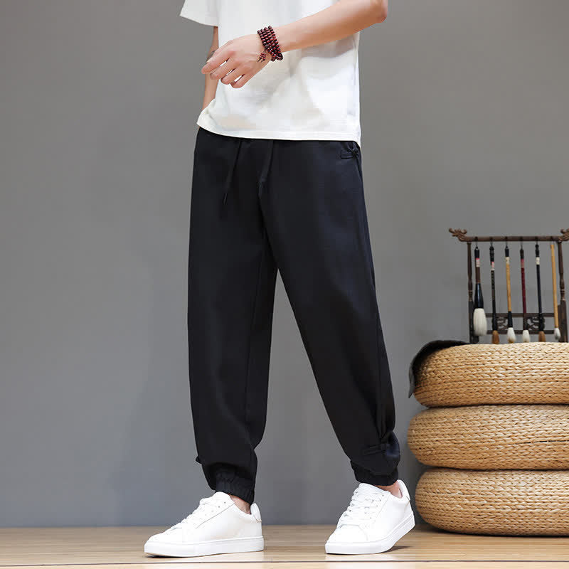 Buddha Stones Spring Summer Casual Minimalist Drawstring Elastic Waist Solid Cropped Pants Men's Tapered Pants With Pocket - image 13