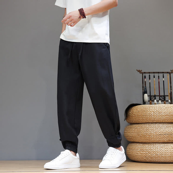 Buddha Stones Spring Summer Casual Minimalist Drawstring Elastic Waist Solid Cropped Pants Men's Tapered Pants With Pocket - image 13