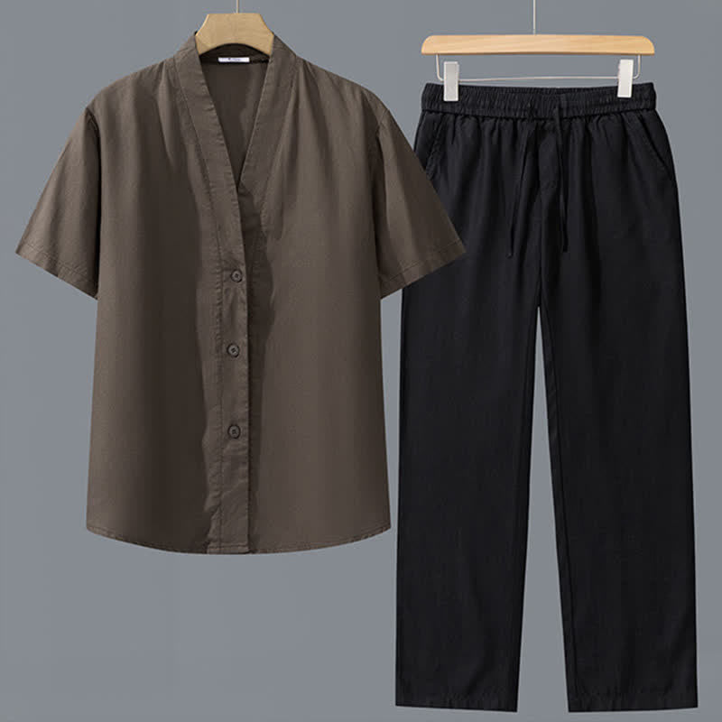 Buddha Stones 2Pcs Spring Summer Casual Minimalist Button-Up Shirt Drawstring Pants Solid Men's Meditation Cloth With Pockets - Brown Shirt+Black Pants - US/UK/AU42，EU52 (3XL) - image 3