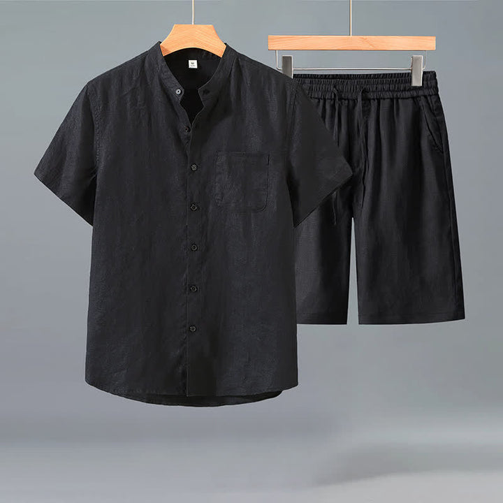 Buddha Stones 2Pcs Summer Casual Tang Style Button-Up Short Sleeve Shirt Shorts Solid Linen Men's Meditation Cloth With Pocket - Black Shirt+Black Pants - US/UK/AU42，EU52 (3XL) - image 4