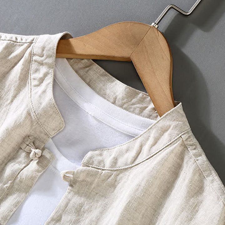 Buddha Stones 2Pcs Summer Tang Style Meditation Frog Button Short Sleeve Shirt Pants Solid Linen Men's Meditation Cloth - image 1