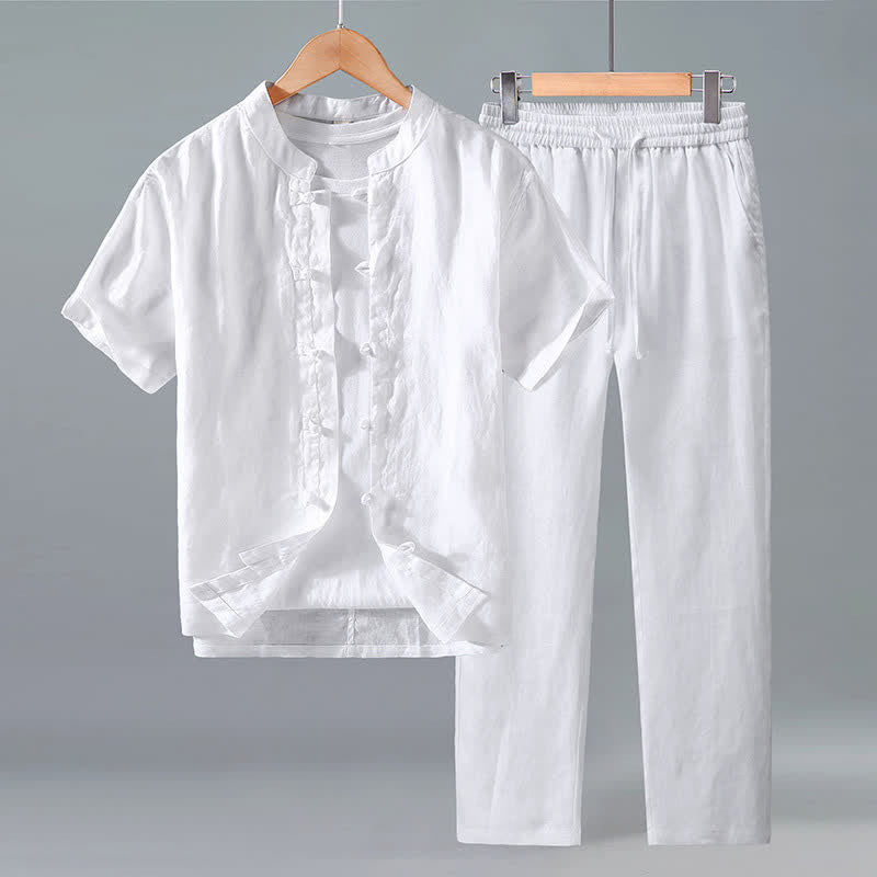 Buddha Stones 2Pcs Summer Tang Style Meditation Frog Button Short Sleeve Shirt Pants Solid Linen Men's Meditation Cloth - White - US/UK/AU42，EU52 (3XL) - image 8