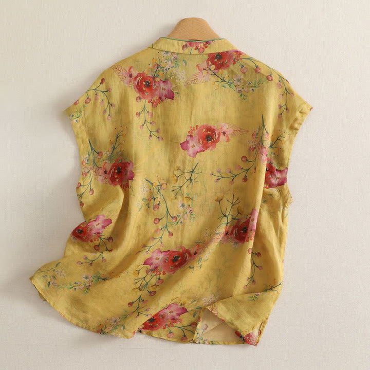 Buddha Stones Summer Vintage Tang Style Frog Button Red Floral Tank Top Women's Sleeveless Shirts - image 1