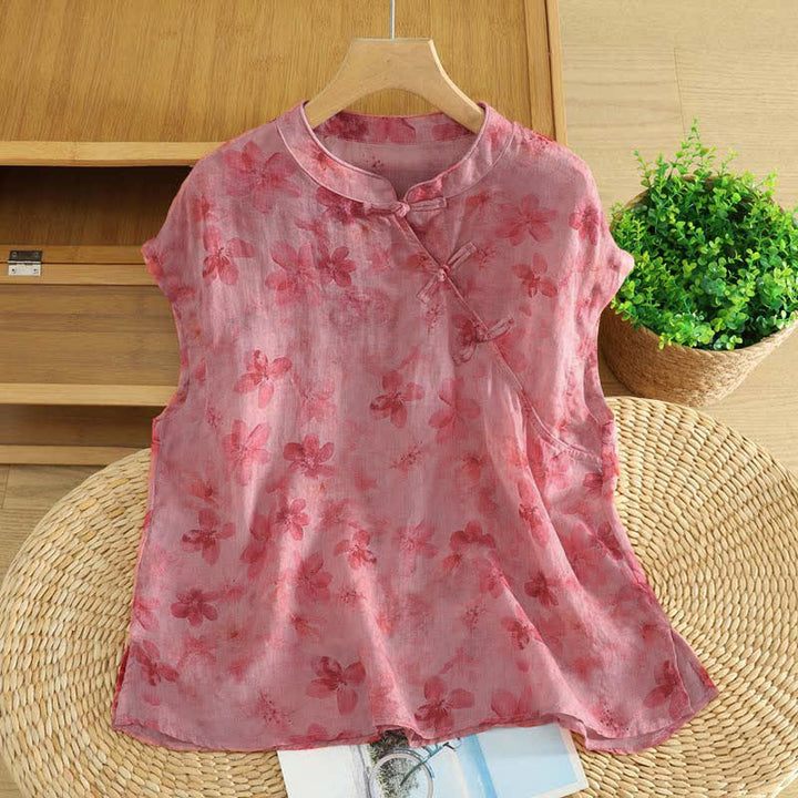 Buddha Stones Summer Tang Style Casual Mandarin Collar Pink Floral Tank Top Women's Sleeveless Shirts - PaleVioletRed - US12, UK/AU16, EU44 (2XL) - image 0
