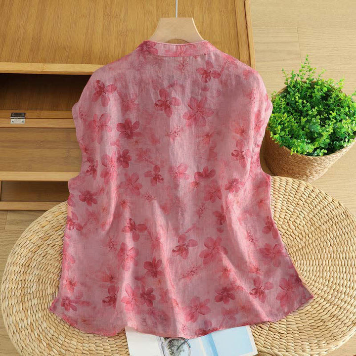 Buddha Stones Summer Tang Style Casual Mandarin Collar Pink Floral Tank Top Women's Sleeveless Shirts - image 1