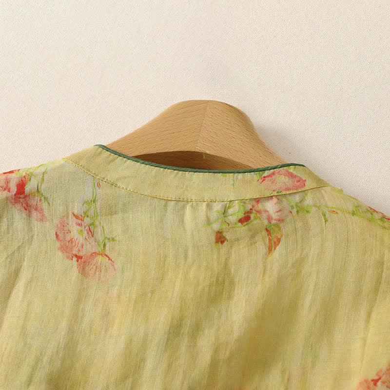 Buddha Stones Summer Tang Style Vintage Mandarin Collar Pink Flowers Tank Top Women's Sleeveless Shirts - image 3