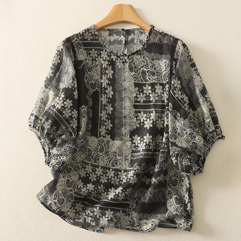 Buddha Stones Summer Casual Vintage Black Floral Patchwork Women's Short Sleeve Shirts - Black - US8-10, UK/AU12-14, EU40-42 (2XL) - image 0