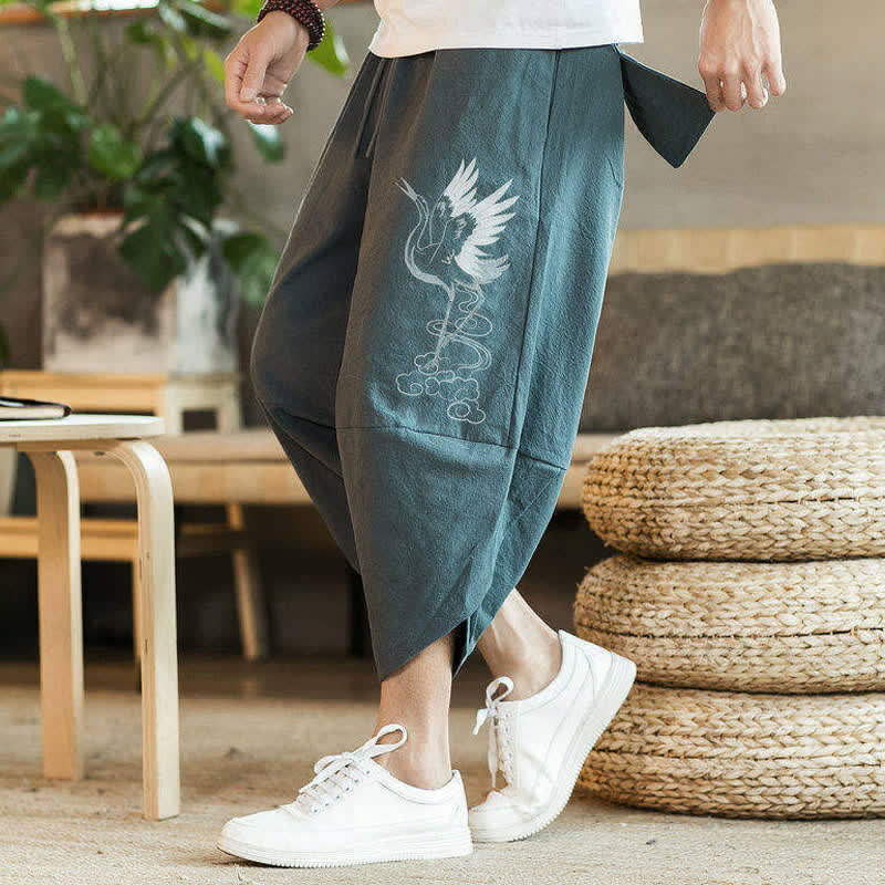 Buddha Stones Summer Casual Vintage Drawstring Crane Print Capri Pants Men's Harem Pants With Pocket - image 1