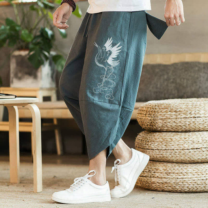 Buddha Stones Summer Casual Vintage Drawstring Crane Print Capri Pants Men's Harem Pants With Pocket - image 1