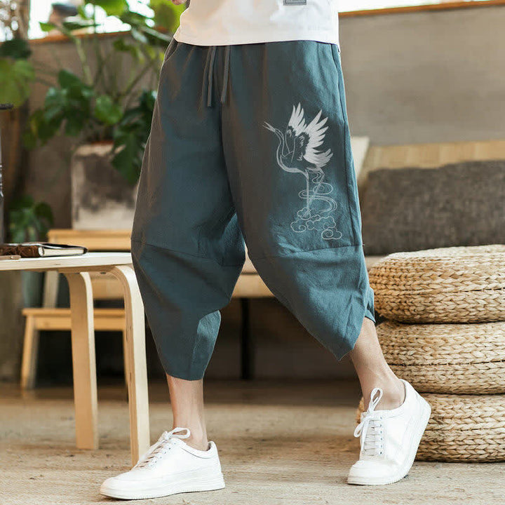 Buddha Stones Summer Casual Vintage Drawstring Crane Print Capri Pants Men's Harem Pants With Pocket - CadetBlue - US/UK/AU46, EU56 (5XL) - image 0