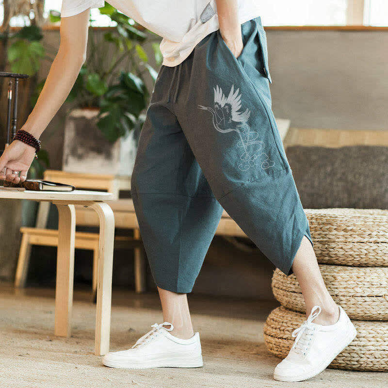 Buddha Stones Summer Casual Vintage Drawstring Crane Print Capri Pants Men's Harem Pants With Pocket - image 3