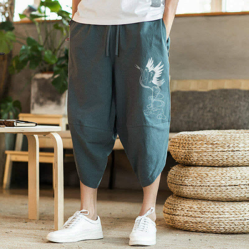 Buddha Stones Summer Casual Vintage Drawstring Crane Print Capri Pants Men's Harem Pants With Pocket - image 2