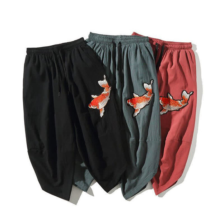 Buddha Stones Summer Tang Style Drawstring Koi Fish Capri Pants Men's Harem Pants With Pocket - image 16