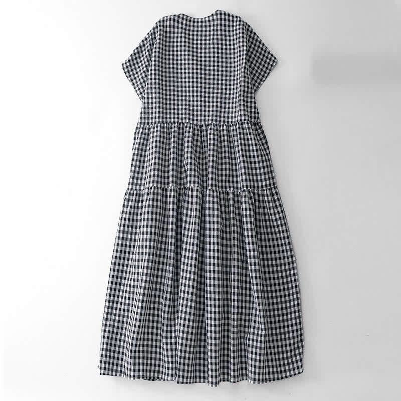 Buddha Stones Summer Vintage Plaid V-Neck Women's Short Sleeve Dress With Pocket - image 3
