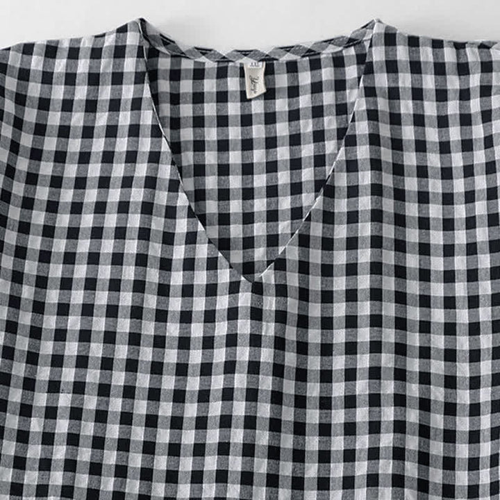 Buddha Stones Summer Vintage Plaid V-Neck Women's Short Sleeve Dress With Pocket - image 6