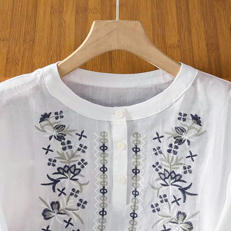 Buddha Stones Summer Casual Vintage Embroidery Floral Women's Short Sleeve Shirts - image 22