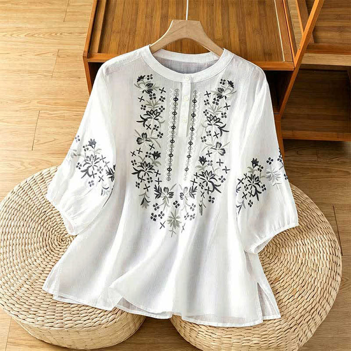Buddha Stones Summer Casual Vintage Embroidery Floral Women's Short Sleeve Shirts - White - US8-10, UK/AU12-14, EU40-42 (2XL) - image 20
