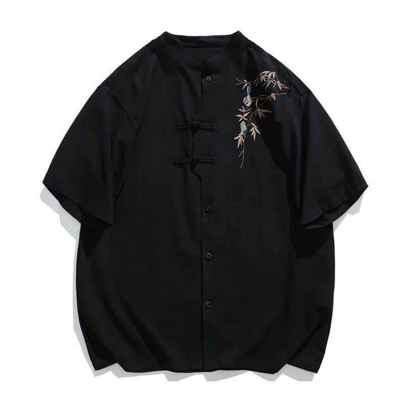 Buddha Stones Summer Tang Style Mandarin Collar Frog Button Leaf Embroidery Men's Short Sleeve Shirts - Black - US/UK/AU46, EU56 (5XL) - image 0