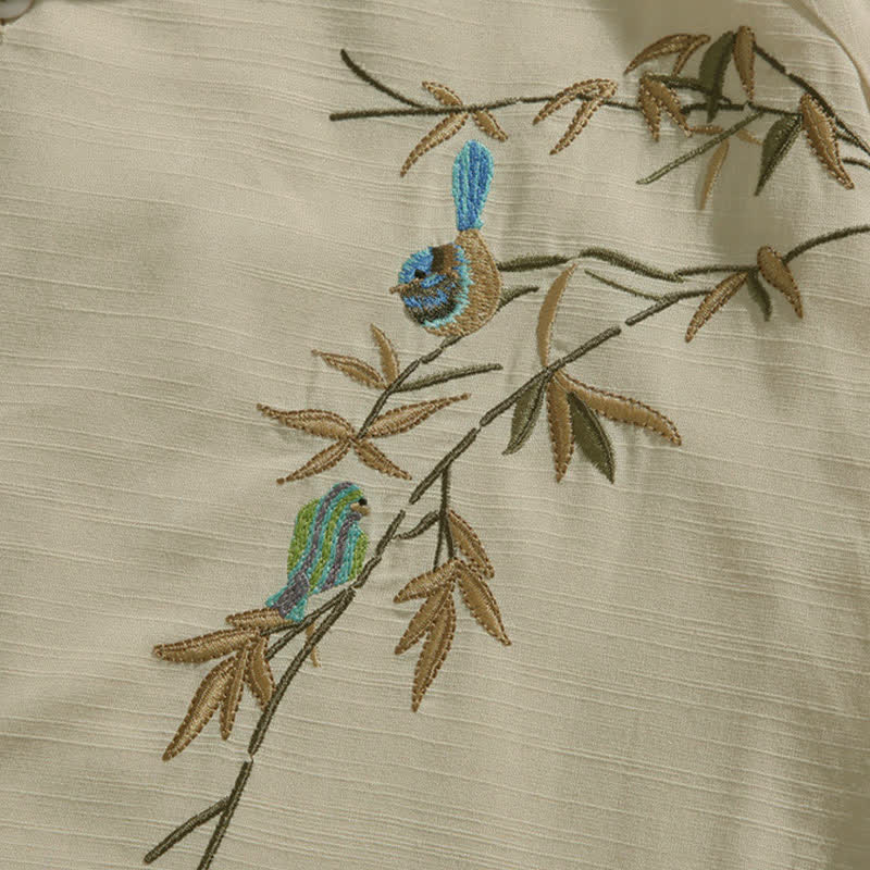 Buddha Stones Summer Tang Style Mandarin Collar Frog Button Leaf Embroidery Men's Short Sleeve Shirts - image 8