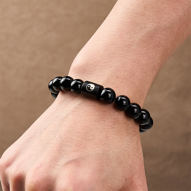 Buddha Stones Ebony Wood Yin Yang Balance Inlaid Barrel Bead Bracelet - image 11