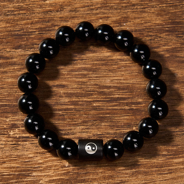 Buddha Stones Ebony Wood Yin Yang Balance Inlaid Barrel Bead Bracelet - image 2