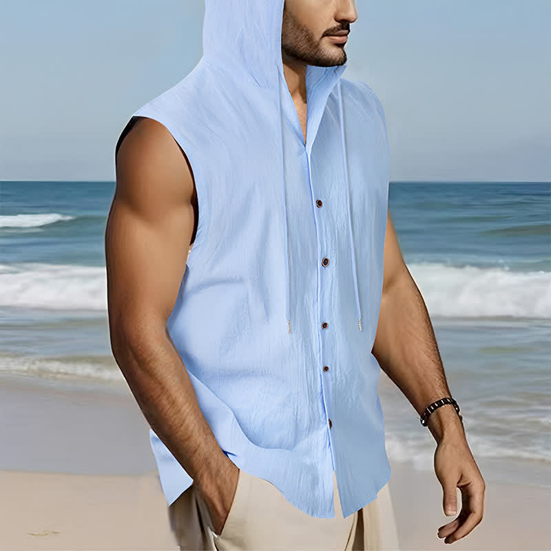 Buddha Stones Summer Casual Minimalist Button-Up Drawstring Solid Tank Top Men's Sleeveless Shirts - image 2