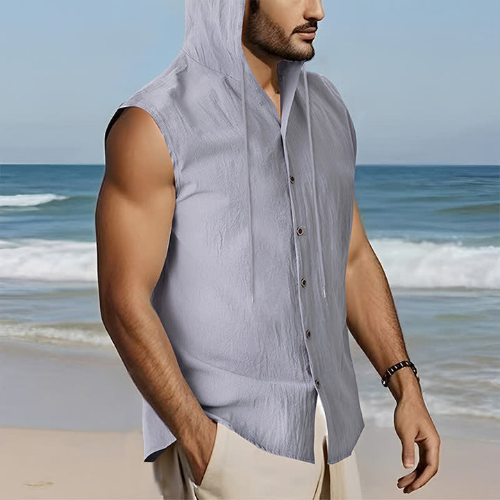 Buddha Stones Summer Casual Minimalist Button-Up Drawstring Solid Tank Top Men's Sleeveless Shirts - image 6