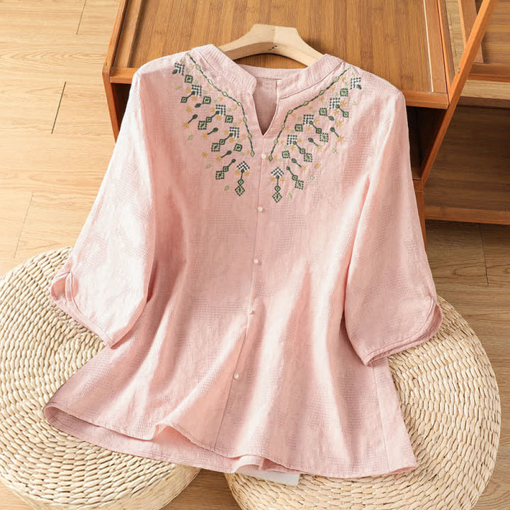 Buddha Stones Summer Casual Boho Geometry Embroidery Floral V-Neck Women's Three-Quarter Sleeve Shirts - LightPink - US12, UK/AU16, EU44 (3XL) - image 7