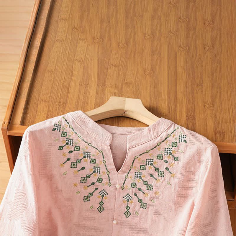Buddha Stones Summer Casual Boho Geometry Embroidery Floral V-Neck Women's Three-Quarter Sleeve Shirts - image 9