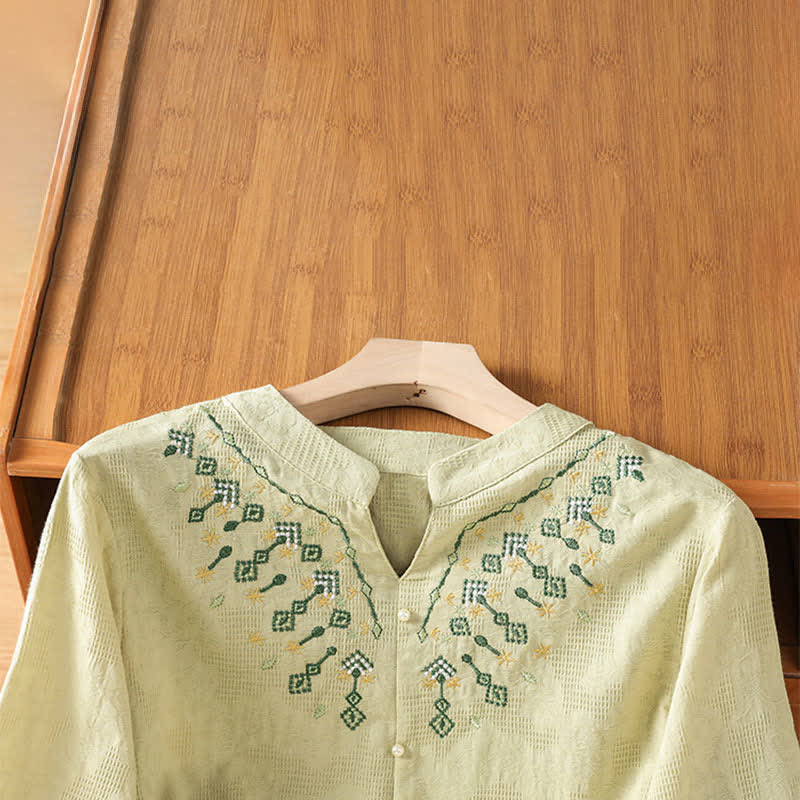 Buddha Stones Summer Casual Boho Geometry Embroidery Floral V-Neck Women's Three-Quarter Sleeve Shirts - image 17