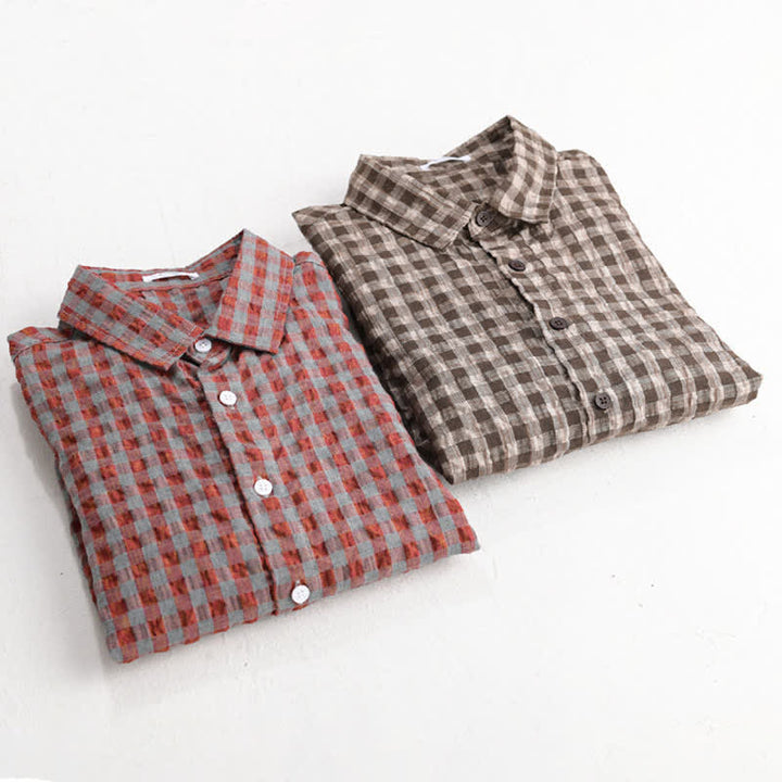 Buddha Stones Summer Casual Vintage Button-Up Plaid Men's Short Sleeve Shirts - image 9
