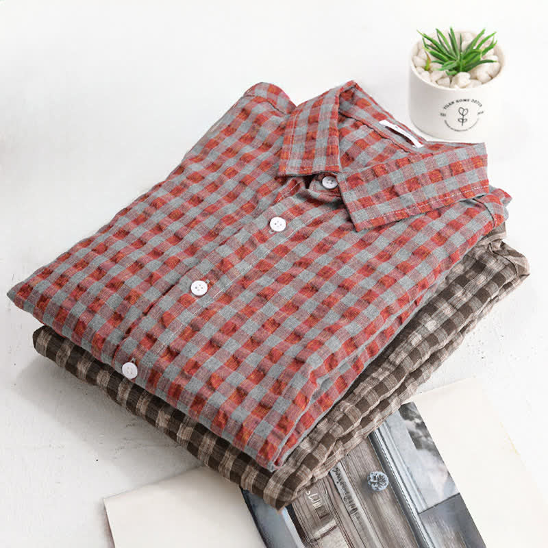 Buddha Stones Summer Casual Vintage Button-Up Plaid Men's Short Sleeve Shirts - image 10