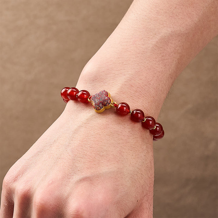 Buddha Stones Red Agate Song Brocade Four-leaf Clover Blessing Charm Bracelet - image 5