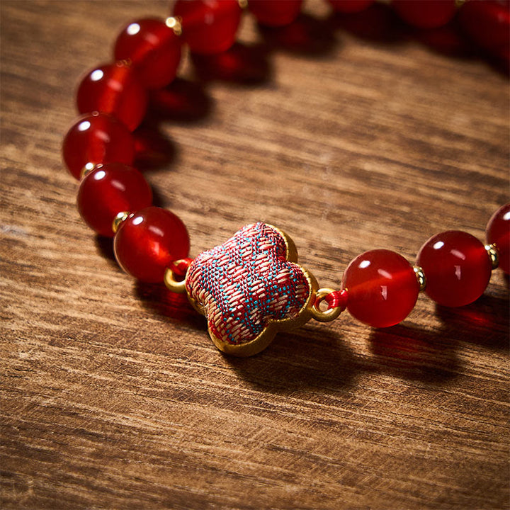 Buddha Stones Red Agate Song Brocade Four-leaf Clover Blessing Charm Bracelet - image 4