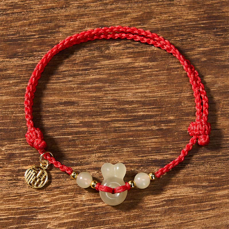 Buddha Stones Hetian Jade Rabbit-Head Peace Buckle Fu Character Grounding Red String Vintage Bracelet - image 2