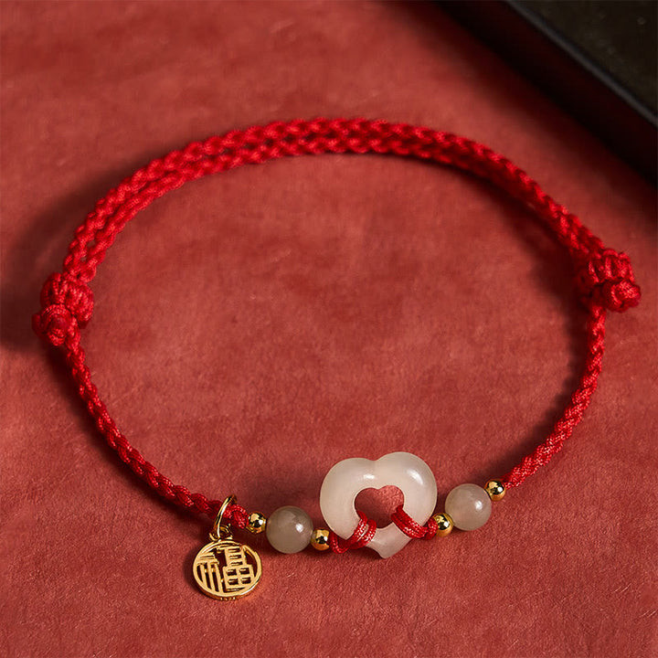 Buddha Stones Hetian Jade Heart Ring Fu Character Protection Bracelet - Natural Jade(Color May Vary) - image 0