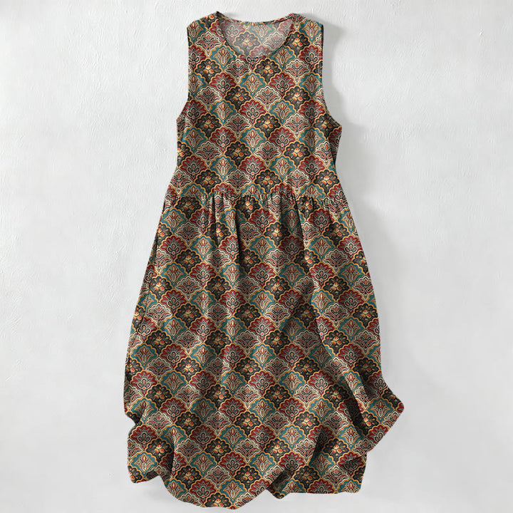 Buddha Stones Summer Casual Vintage Persian Floral Pattern Women's Summer Sleeveless Midi Dress With Pockets - Sienna - US16，UK/AU20，EU48 (3XL) - image 0