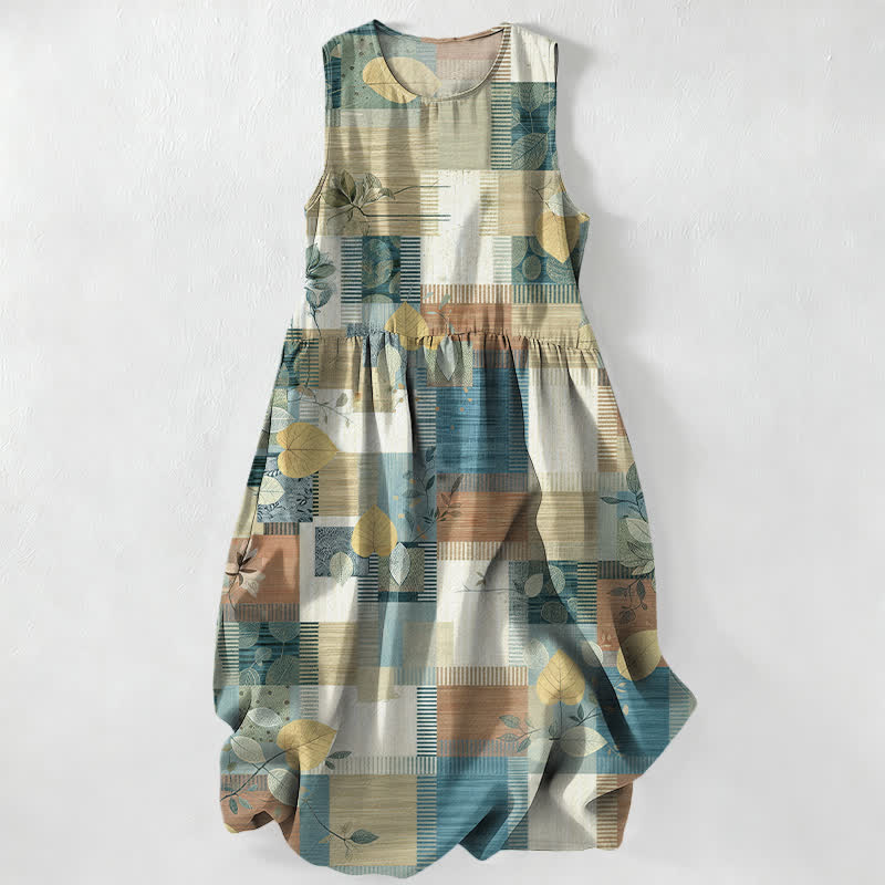 Buddha Stones Summer Casual Patchwork Leaf Geometric Pattern Women's Summer Sleeveless Midi Dress With Pockets - CornflowerBlue - US16，UK/AU20，EU48 (3XL) - image 4