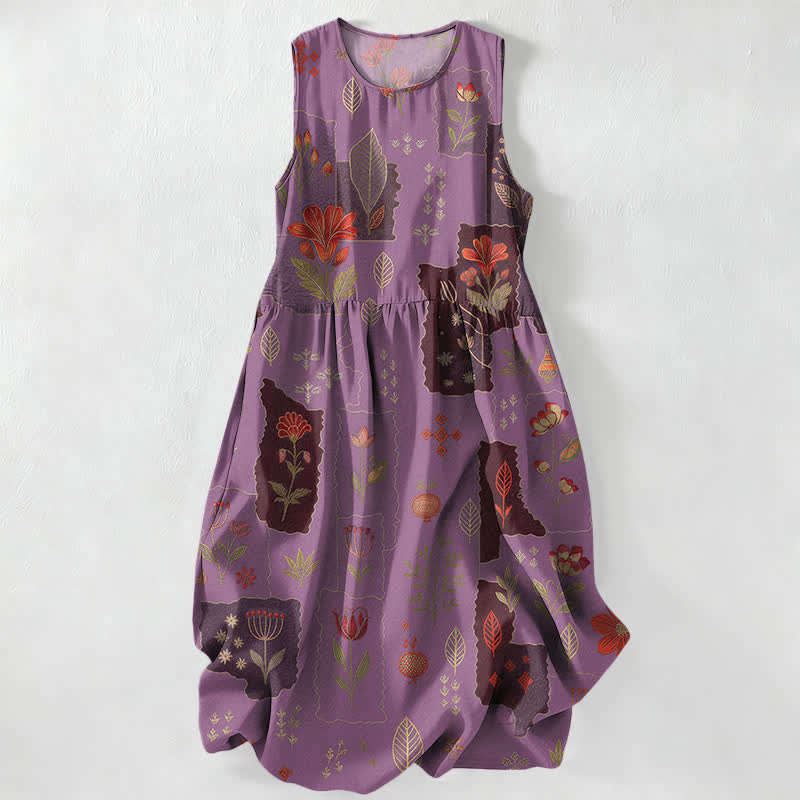 Buddha Stones Summer Casual Vintage Floral Patchwork Leaves Pattern Women's Summer Sleeveless Midi Dress With Pockets - MediumPurple - US16，UK/AU20，EU48 (3XL) - image 4