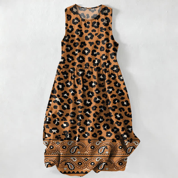 Buddha Stones Summer Casual Vintage Leopard Paisley Border Pattern Women's Summer Sleeveless Midi Dress With Pockets - Peru - US16，UK/AU20，EU48 (3XL) - image 0