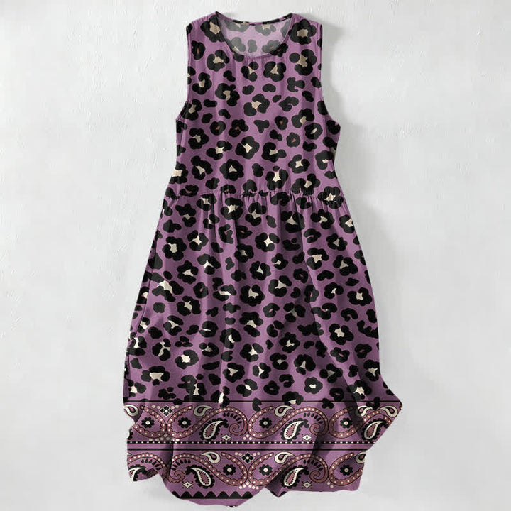 Buddha Stones Summer Casual Vintage Leopard Paisley Border Pattern Women's Summer Sleeveless Midi Dress With Pockets - MediumPurple - US16，UK/AU20，EU48 (3XL) - image 4