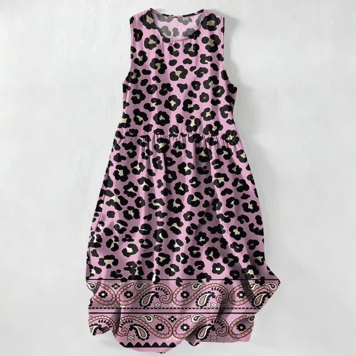 Buddha Stones Summer Casual Vintage Leopard Paisley Border Pattern Women's Summer Sleeveless Midi Dress With Pockets - Plum - US16，UK/AU20，EU48 (3XL) - image 5