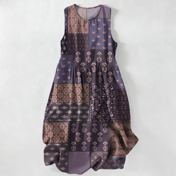Buddha Stones Summer Casual Vintage Patchwork Floral Leaves Pattern Women's Summer Sleeveless Midi Dress With Pockets - DarkOrchid - US16，UK/AU20，EU48 (3XL) - image 5