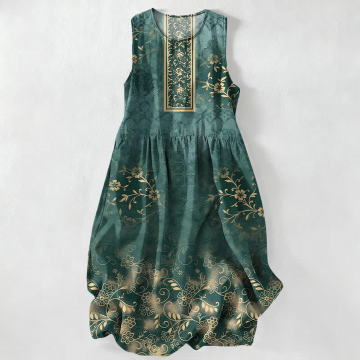 Buddha Stones Summer Casual Vintage Floral Vine Pattern Women's Summer Sleeveless Midi Dress With Pockets - SeaGreen - US16，UK/AU20，EU48 (3XL) - image 0